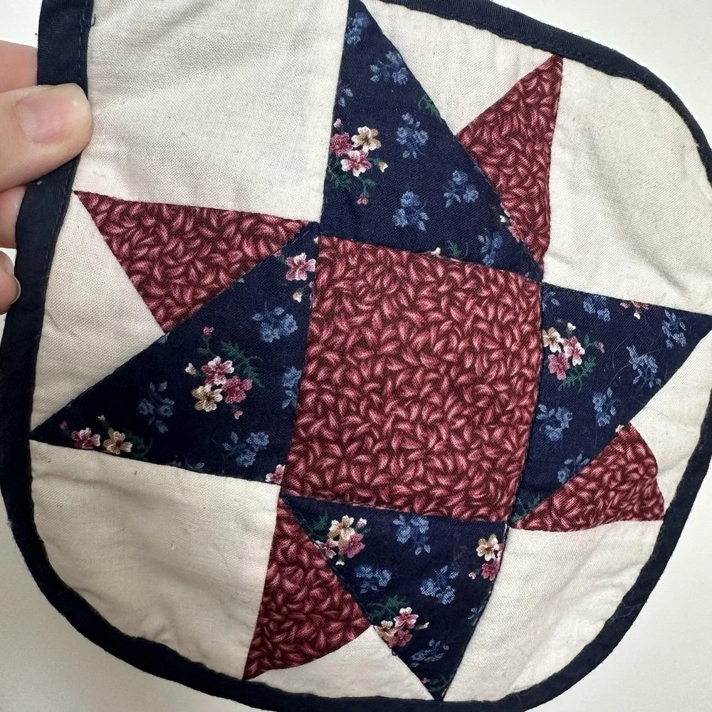 VTG Primitive‎ Quilted Star Pot Holder Red White Blue Floral 7x7 100% Cotton